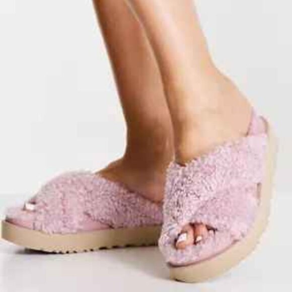 UGG Fuzz Sugar cross strap slide flatform sandals in shell - PINK NEW - Picture 3 of 6